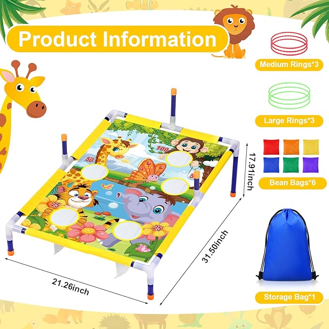 Leitee 2 in 1 Bean Bags Toss Game Animal Cornhole Bean Bags Ring Toss Game Kids Cornhole Games Set Party Carnival Games Toys Gifts Birthday Games Ideal Birthday for Ages 4-8 Toddlers