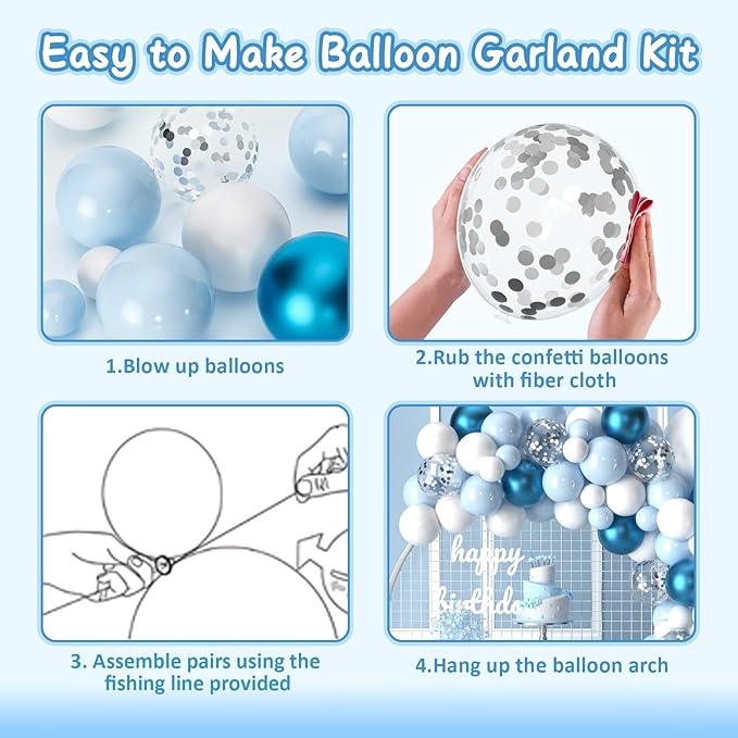 KARLURE Blue Balloon Arch Kit Garland, Baby Blue Balloons White Silver Confetti Balloons for Boy Baby Shower Decorations Birthday Gender Reveal Bridal Shower Wedding Graduation Ocean Party Decorations