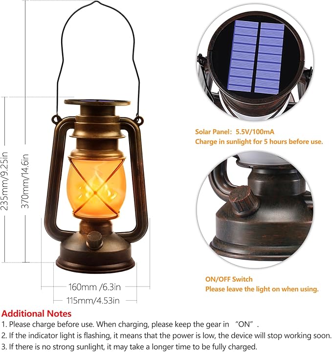 Wondrastical Solar Lanterns Outdoor Waterproof, 2 Pack Flickering Flame LED Hanging Lantern, Bronze Vintage Solar Powered Decorative Lights for Patio Porch Garden Yard Pathway Camping
