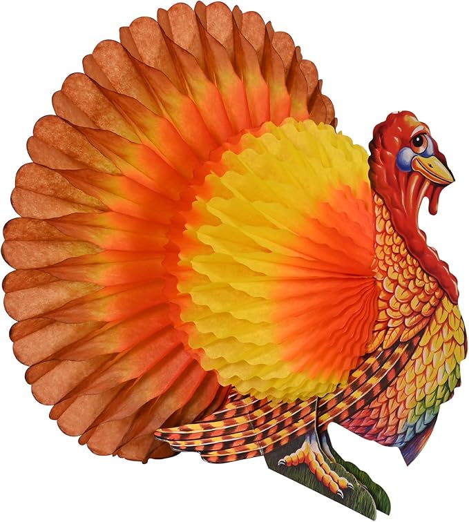 Beistle Tissue and Paper Turkey Centerpiece for Thanksgiving Decorations-Autumn Fall Harvest Home Décor, 12", Brown/Red/Orange/Yellow