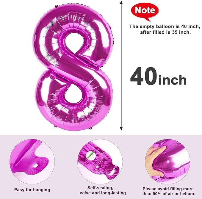40 Inch Number 8 Balloon, Rose Purple 8 18 28 80 Birthday Balloons for Men Boys, 8th Birthday Decorations Party Supplies, Wedding, Graduations