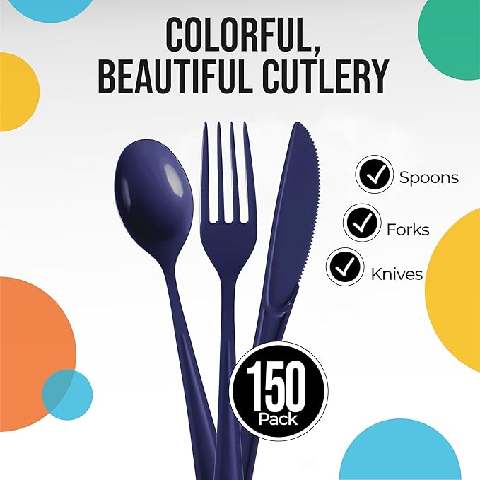 Party Solids Navy Plastic Silverware Heavy Duty 150 Pieces Navy Disposable Silverware Heavy Duty, Utensil Sets, 50 Of Each Forks, Knives & Spoons Disposable Cutlery Set For Party Supplies