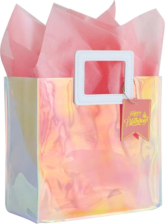 8.3'' Holographic Small Birthday Gift Bag with Tissue Paper and Happy Birthday Gift Tag for Women Girls Mothers (S- Glossy Coral)