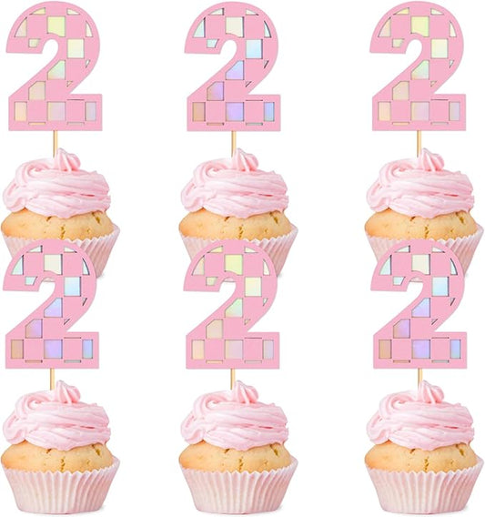 Ercadio 24 Pack Pink Number 2 Cupcake Toppers Pink Checkered Two Cupcake Picks for Smiley Assorted Racing Car Theme Baby Girls 2nd Birthday Party Cake Decoration Supplies
