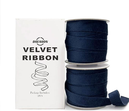 Velvet Ribbon Set 3/8" x 10 Yards, 2 Rolls 20 Yards, Dseason Handmade Navy Blue Velvet Ribbon Set for Gift Wrapping & Bow Making, Christmas Tree, Wreath Decoration, DIY Crafts Decoration