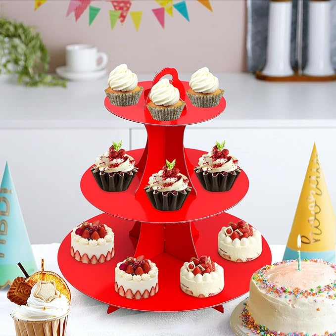 Soleebee 3-Tier Round Cupcake Stand, Cardboard Cupcake Tower, Dessert Cup Cake Stand Tower for Birthday Wedding Party Decoration, Cupcake Tier Stand 1 Set (Red)