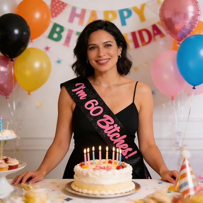 Birthday Sash, I'm 60 Bitches Pink Foil Letter Glitter Black 60th Birthday Sash for Women 60th Funny Bday Gifts Party Favors Photo Prop