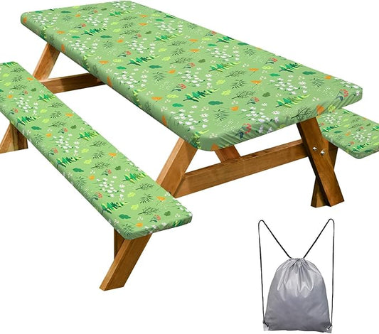 Play Tailor Picnic Table Cover with Bench Covers Camping Essentials Waterproof Windproof Camping Tablecloth with Drawstring Bag, Fitted Rectangle Tables and Seats, 72in, Grass Green