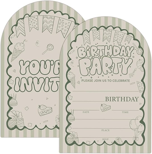 Retro Birthday Party Invitations, Green Retro Wave Theme Birthday Invitation for Boys Girls, 20 fill in Invitations Cards with Envelopes, Party Decorations Supplies (arch)