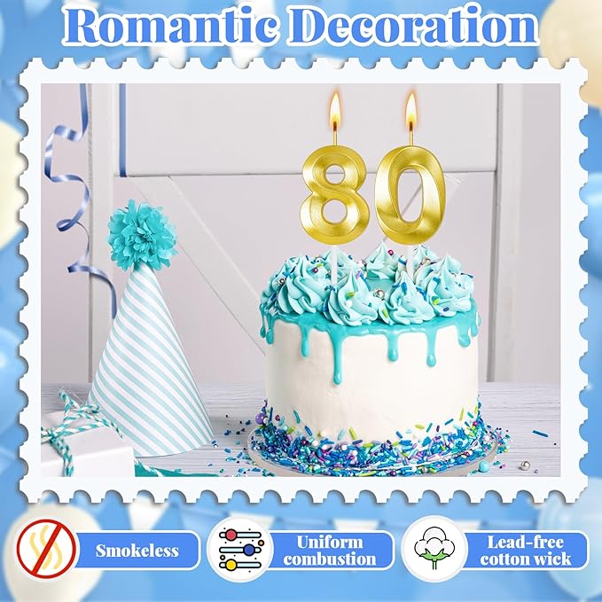 80th Birthday Candles for Cake,Birthday Decorations for Him Her,Number Candles for Cake Toppers Party Anniversary