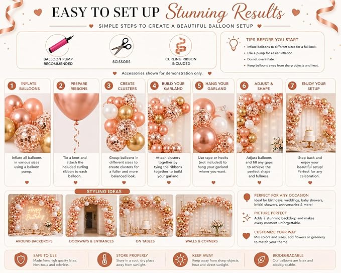 Rose Gold Balloons 70 Pack – Chrome Rose Gold, Gold, White & Confetti 12 Inch Latex Balloons for Birthday, Bridal Shower, Wedding & Balloon Arch Decorations