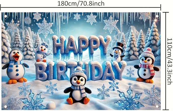 Winter Penguin Happy Birthday Party Banner 71X43INCH Double Sided Outdoor Yard Signwith Snowflakes LCE and Cute Penguins for Winter Wonderland Birthday Party Decoration