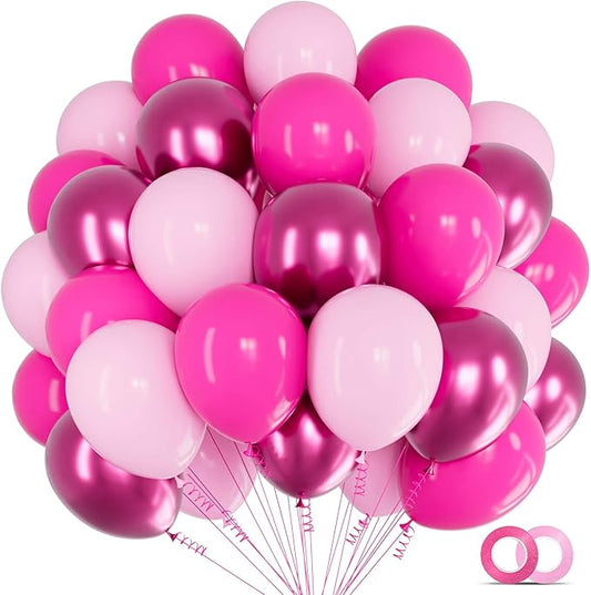 60pcs Pink Balloons Metallic, 12Inch Hot Pink Latex Balloon and Dark Magenta Balloons for Birthday Baby Shower Princess Party Decorations