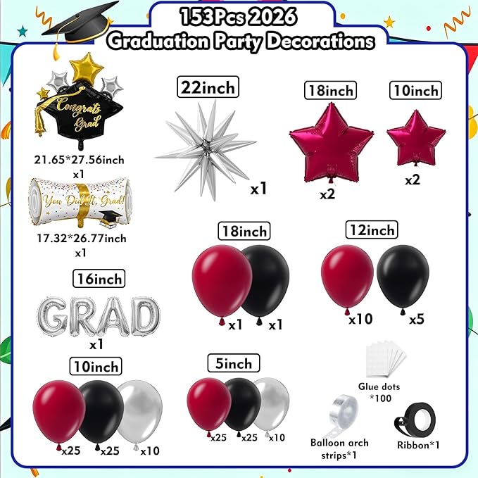 Graduation Balloons Garland Kit 153Pcs, Maroon Black Silver Balloon Arch Kit with GRAD Letters Grad Cap Diploma Balloon Burgundy Balloons Arch for Class of 2026 Graduation Birthday Party Decor