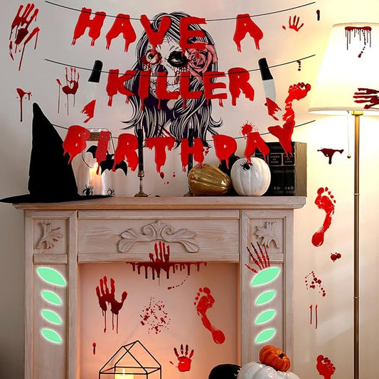 Spooky Party Decorations Set Banner + Night Glow Eye Stickers + Blood Footprint Handprint Floor Clings Decals + Ghost Shadow Toilet Sticker for Halloween Zombie Vampire Party