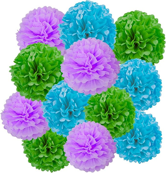 Blue Green and Purple Tissue Pom Poms Paper Kit DIY Decorative Flowers Ball for Birthday Party Wedding Hanging Decorations Pack of 12 10in12in