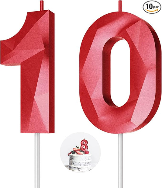 Number Birthday Candles(10 Candle Red) 3D Diamond Shape Number Happy Birthday Cake Candles for Birthday Party Wedding Decoration Reunions Theme Party