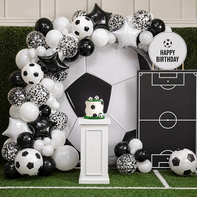 Soccer Balloons, 12Inch Black White Soccer Printed Latex Balloons, 18 Inch Black and White Star Foil Balloon with Confetti Helium Balloon for Sport Football Theme Boy Men Birthday Party Decorations