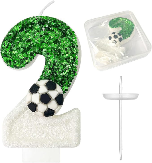 Birthday Candles，Soccer Birthday Decorations，Soccer Cake Topper,for Girl and boy Cake Toppers, Wedding Cakes, Anniversaries, Party Celebrations, Birthday Decorations (Green White, Number 2)
