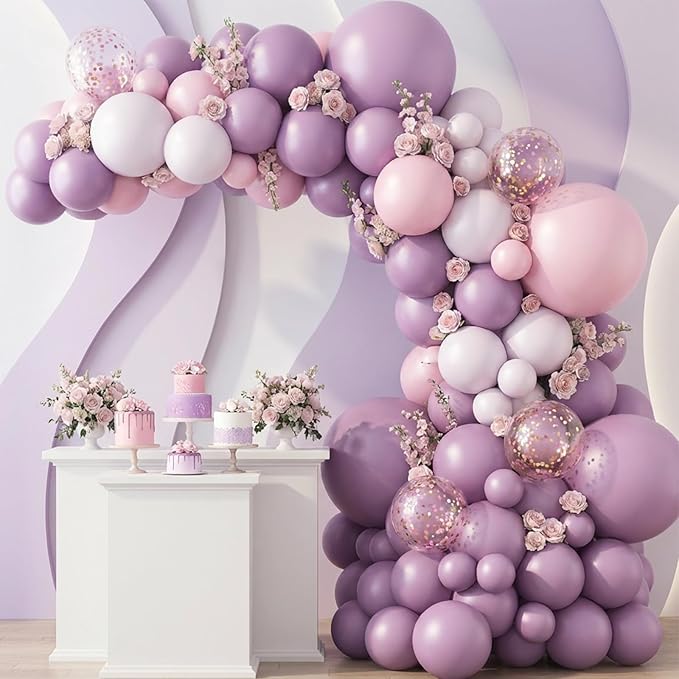 RUBFAC Dusty Purple Balloons 129pcs Different Sizes Pack of 18 12 10 5 Inch, Latex Light Lavender Lilac Balloon Garland Arch Kit for Wedding Baby Shower Gender Reveal Birthday Party Decorations
