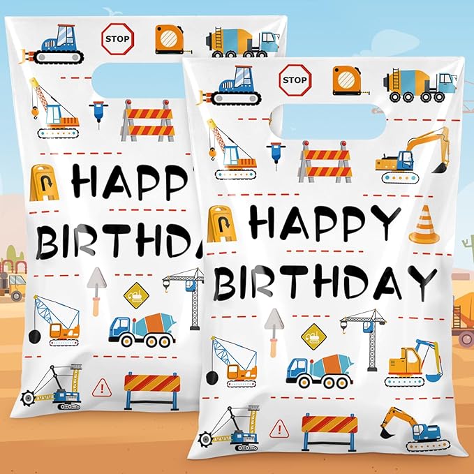 Hxezoc 50 Pieces Construction Gift Bags with Handle, Plastic Treat Candy Bag Construction Vehicle Favor Bag for Boys Kids Birthday Party Decoration Supplies