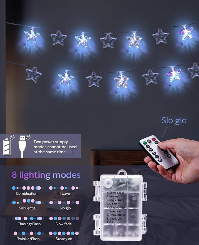 AceList 20 LED Star String Lights, 10ft Iridescent Star Lights with Remote, IP44 Waterproof, 8 Modes USB or Battery Operated Fairy Lights for Bedroom, Christmas, Party Decor (White)