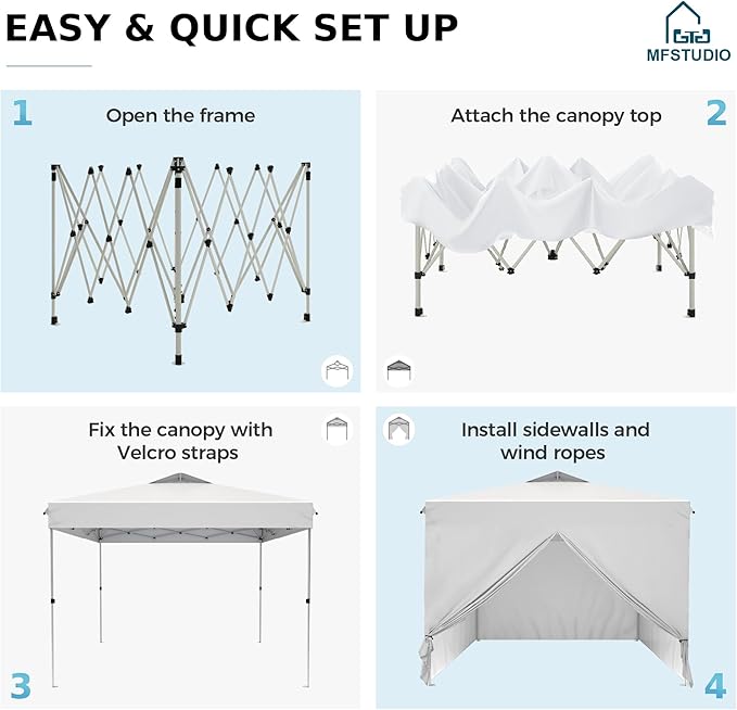 MFSTUDIO 10x10 Pop Up Canopy Tent with Removable Sidewalls, Outdoor Enclosed Instant Portable Shelter with Breathable Mesh Windows, One Person Setup, White