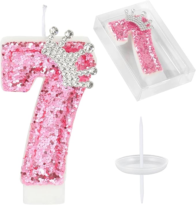 Birthday Number Candles,Pink Crown Birthday Candles for Cake,Glitter Number 7 Candle Cake Topper with Sequins for Girls,Women, Anniversary Celebrations Supplies (Pink 7)