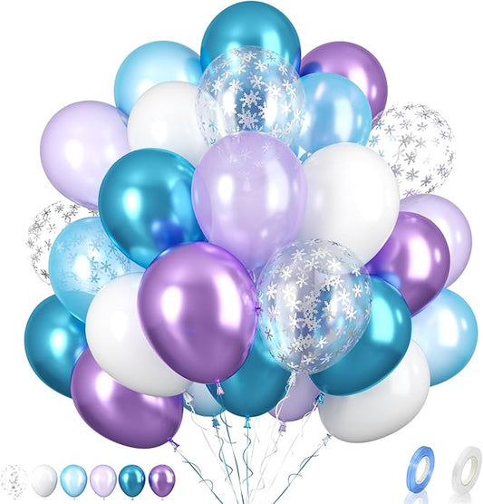 Biapian Frozen Balloons, 60 Pcs Blue Purple Balloons, 12 Inch Metallic Blue Purple Latex Balloons Silver Snowflake Confetti Balloons for Girls Frozen Snowflake Ice Snow Theme Birthday Party Decoration
