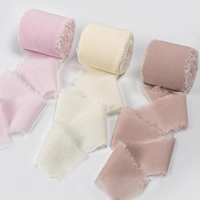 Chiffon Ribbon, Ivory White Pastel Pink Silk Ribbon, Engagement Wedding Shower Party Decorations, 1-1/2''x21Yd Handmade Frayed Fringe Ribbon for Wrapping, Floral Vase, Invitation Card, 3 Rolls