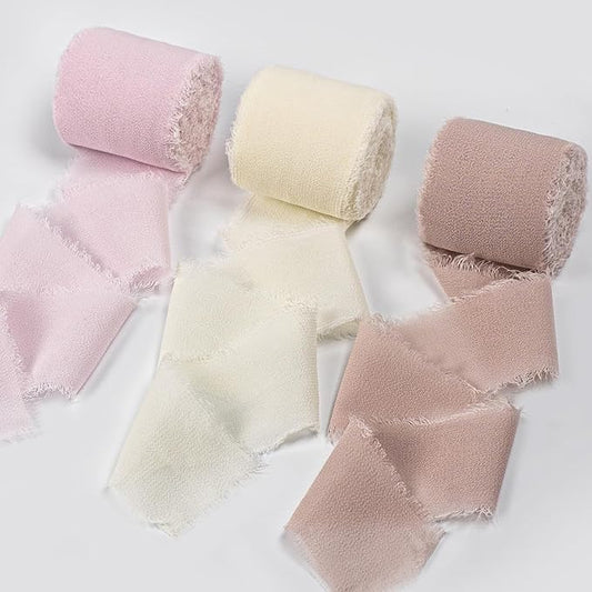 Chiffon Ribbon, Ivory White Pastel Pink Silk Ribbon, Engagement Wedding Shower Party Decorations, 1-1/2''x21Yd Handmade Frayed Fringe Ribbon for Wrapping, Floral Vase, Invitation Card, 3 Rolls