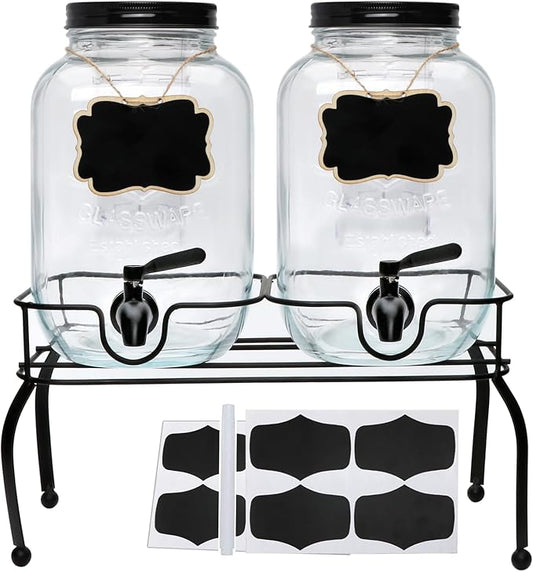 1-Gallon Drink Dispenser,Accguan Glass Water Dispenser with Black Tin Lid and Black Stainless steel faucet,Black Iron Frame,Mason Drink Dispenser for Parties, Picnics, Barbecues and Daily,2 pack