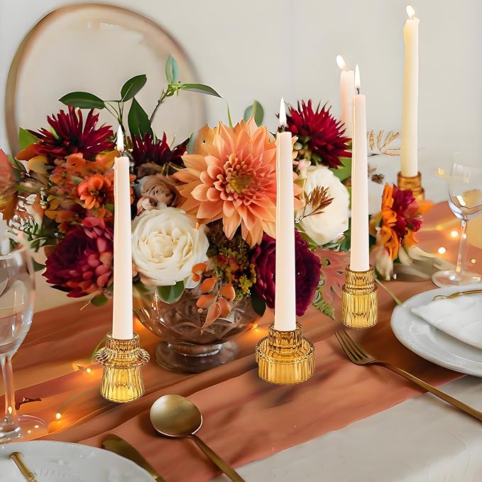 Double Sided Vintage Ribbed Taper Glass Candle Holders,Tea Candle Holder for Table Centerpieces, Wedding Decorations and Dinner Parties (Amber, 3 PCS)