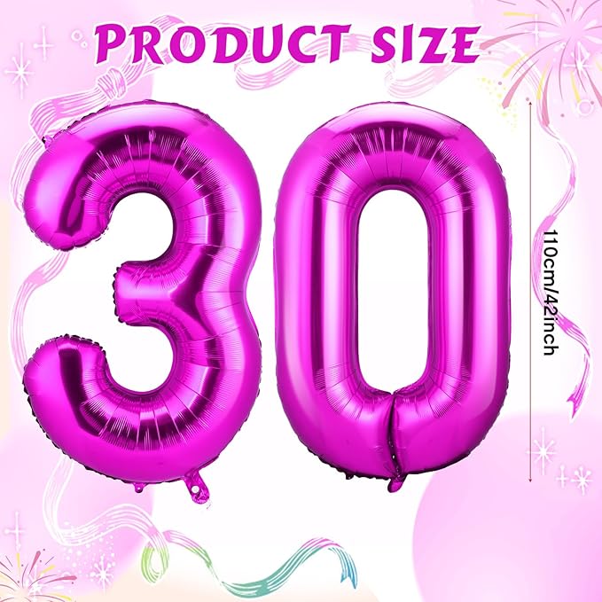 Gejoy 40 Inch Number 30 Balloons Jumbo 30 Foil Giant Number 30 Balloons for 30th Birthday Party Decorations and Rip to My 20s Anniversary Event(Hot Pink)