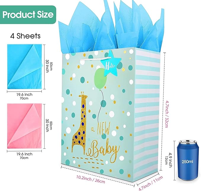 Gift Bag for Baby Boy,12.6" Large Gift Bags with Tissue Paper,Gift Bag for Baby Shower Bag with Gold Foil Design, Paper Gift Bag for Newborn,Baby,New Moms,Gift Wrap Baby Shower Bag for Baby Boy Baby Girl,Baby Birthday Gift Bags with Handles,Cute Presen...