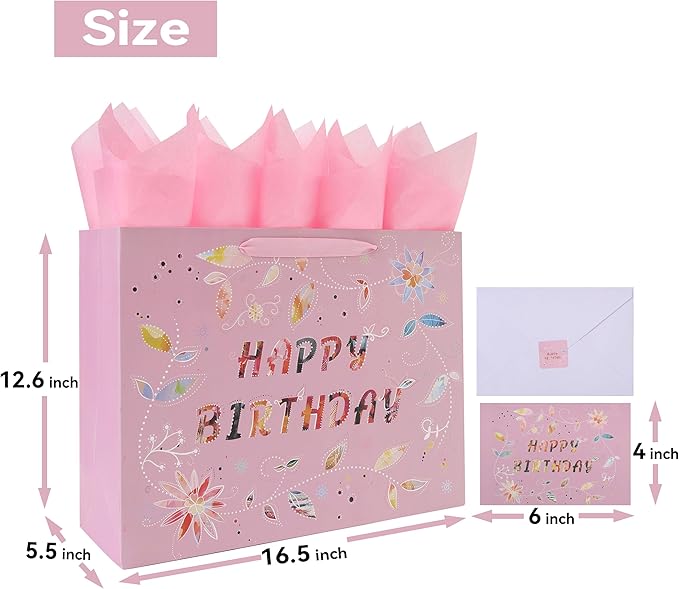 Qirrmiy 16.5” Extra Large Happy Birthday Gift Bag Set with Handles, Greeting Card, Tissue Papers and Stickers for Women Girls, Pink Floral Design, 1 Pcs
