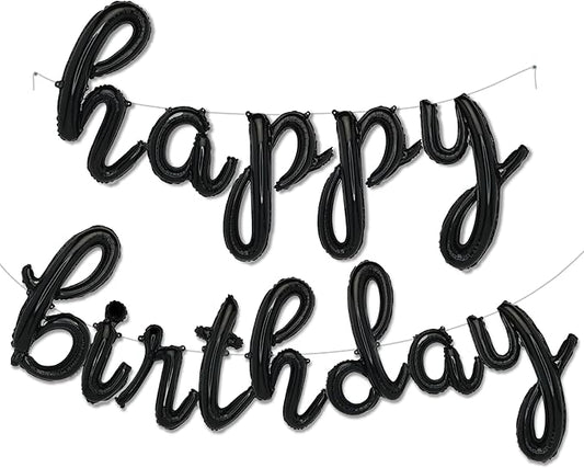 Black Happy Birthday Balloons Banner | Script/Cursive Silver Letter Balloon Sign for Birthday Party Decor/Decoration | Foil Mylar Happy Birthday Banner