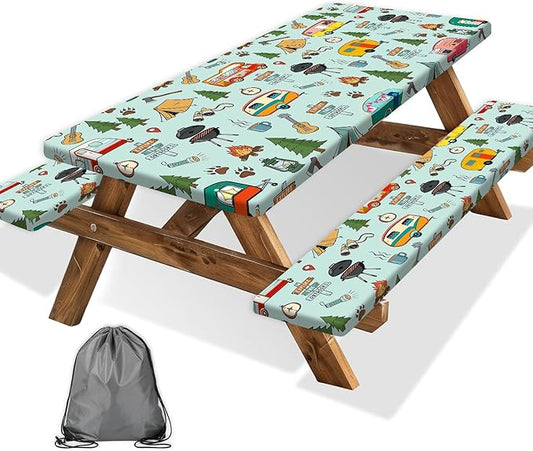 Camping Picnic Table Cover with Bench Covers and Bag, Camping Essentials, Waterproof Windproof Fabric, Fitted Tablecloth Cover with Elastic Edge, for Indoor & Outdoor, Garden, 3 PCS, 30x60 Inch
