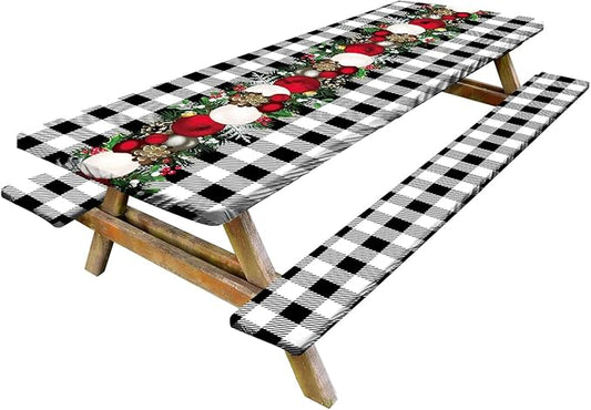 Picnic Table Cover with Bench Covers Set of 3, Elastic Fitted Tablecloth for 6 Foot Tables, Washable Polyester Tablecloths for Camping, Indoor & Outdoor