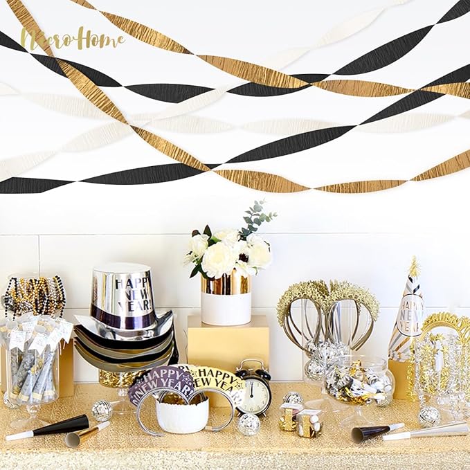 NICROHOME EUR Black Gold Party Decorations, 6 Rolls Crepe Paper Party Streamers for Graduation, Wedding, Birthday, Black and Gold New Years Eve Party Decoration, 82Ft Long