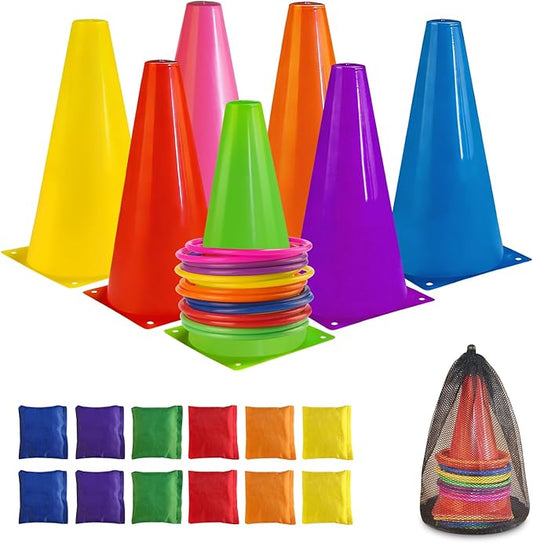 3-in-1 Ring Toss Game Set with Cones, Bean Bags and Rings, 34 Pieces, Multicolor Plastic Carnival Games for Kids Birthday and Family Party, Outdoor Yard Game
