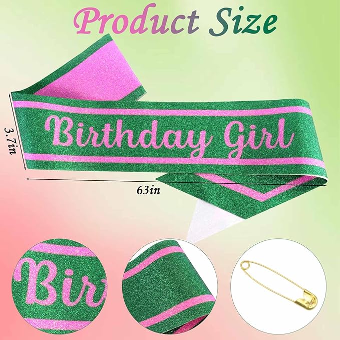 Pink Green Birthday Sash for Girls, Letter "Birthday Girl" Witch Themed Sash with Glitter Foil, Happy Funny Accessories for Party Favors Supplies