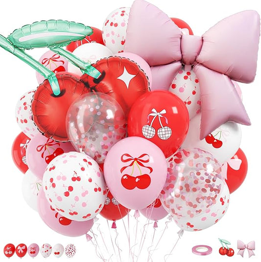 Cherry Balloons, 12 Inch Cherry Party Decorations Red Pink White Print Latex Balloons with Cherry Bow Foil Balloon for She is Cherry on Top Birthday Wedding Fruit Party Decorations