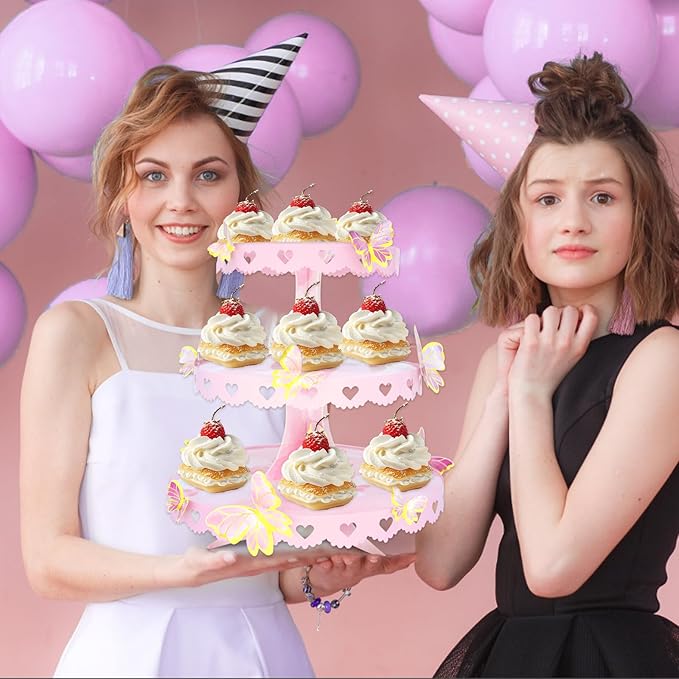DIY 3 Tier Butterfly Cupcake Stand Pink Butterfly Decorations Princess Cupcake Stand Dessert Tower for Wedding Birthday Party Supplies