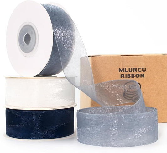 Blue and White Organza Ribbon - 1 Inch x 75 Yds - Navy, Gray, Blue, White - Clear Chiffon Tulle - Gift Wrapping, Flower Bouquet, Christmas Tree, Wedding Invitations, Bows, Crafts