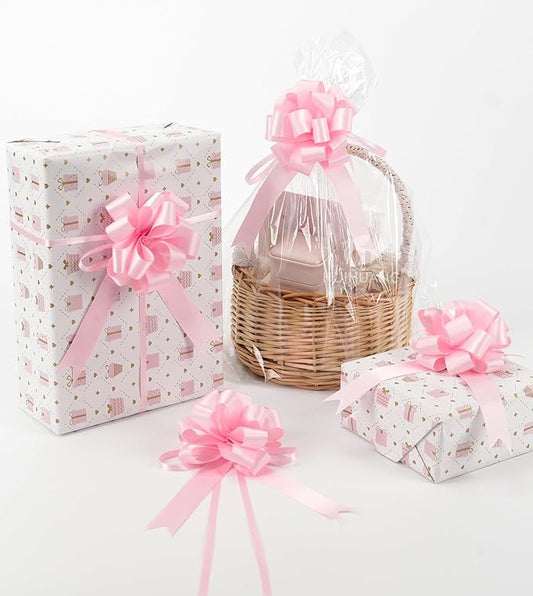 HUIHUANG Pink Pull Bows 12 PCS Light Pink Bow 4 inch Satin Gift Bows for Gift Wrapping, Presents, Gift Basket, Paper Bag, Baby Shower Favors, Wrapping Accessories, Wedding Christmas Decor