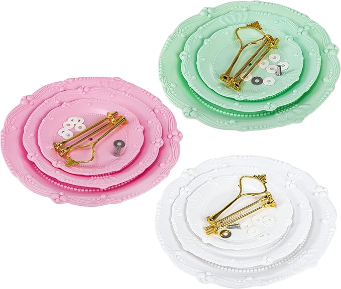 Fasmov 3 Pack 3 Tier Plastic Cupcake Stand, Dessert Plates Cake Fruit Candy Display Tower Reusable Pastry Platter for Wedding Birthday Baby Shower Tea Party Decorations - White Pink Green