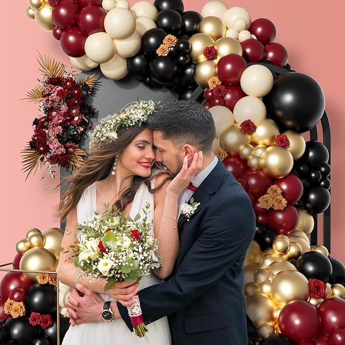 155pcs Burgundy Balloon Garland Arch Kit with Burgundy Maroon Black Metallic Gold Lvory white Balloons for Birthday Graduation Wedding Baby Shower Anniversary Valentine Party Decoration