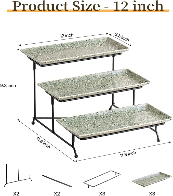 LAUCHUH 3 Tier Serving Tray, Porcelain Serving Platters and Trays for Party 12 Inch Tiered Tray Stand Cupcake Stand with Collapsible Sturdier Rack for Father's Day Serving Food, Speckled Gray
