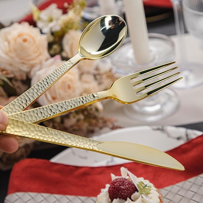150PCS Gold Plastic Silverware, Heavy Duty Plastic Cutlery Set, Disposable Utensils - 50 Forks, 50 Spoons and 50 Knifes for Party, Wedding and Events